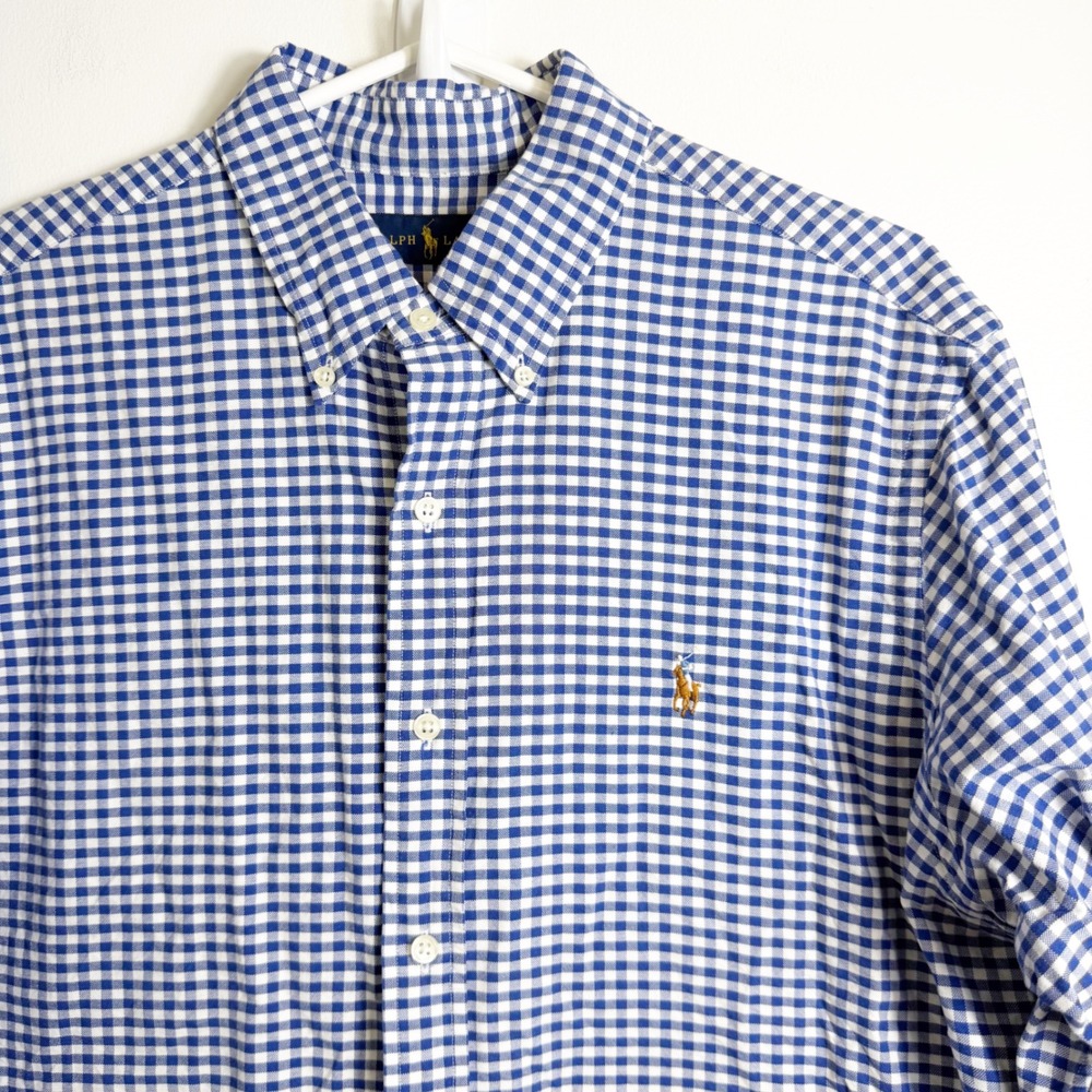 Ralph Lauren Button Down Shirt Men Large Blue Gingham Plaid Long Sleeve Pony